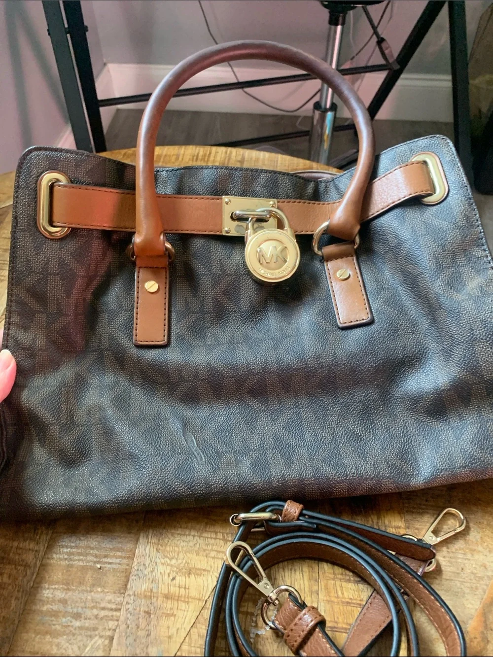 Michael Kors Brown Monogram Satchel with Tan Trim and Gold Hardware